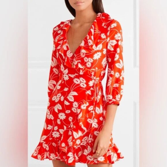 NWT Rixo Red Floral Silk Angela Wrap Dress XL - Picture 1 of 8